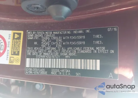 2016 Toyota Highlander Limited V6 z USA, uszkodzony, nr VIN 5TDYKRFH2GS167031